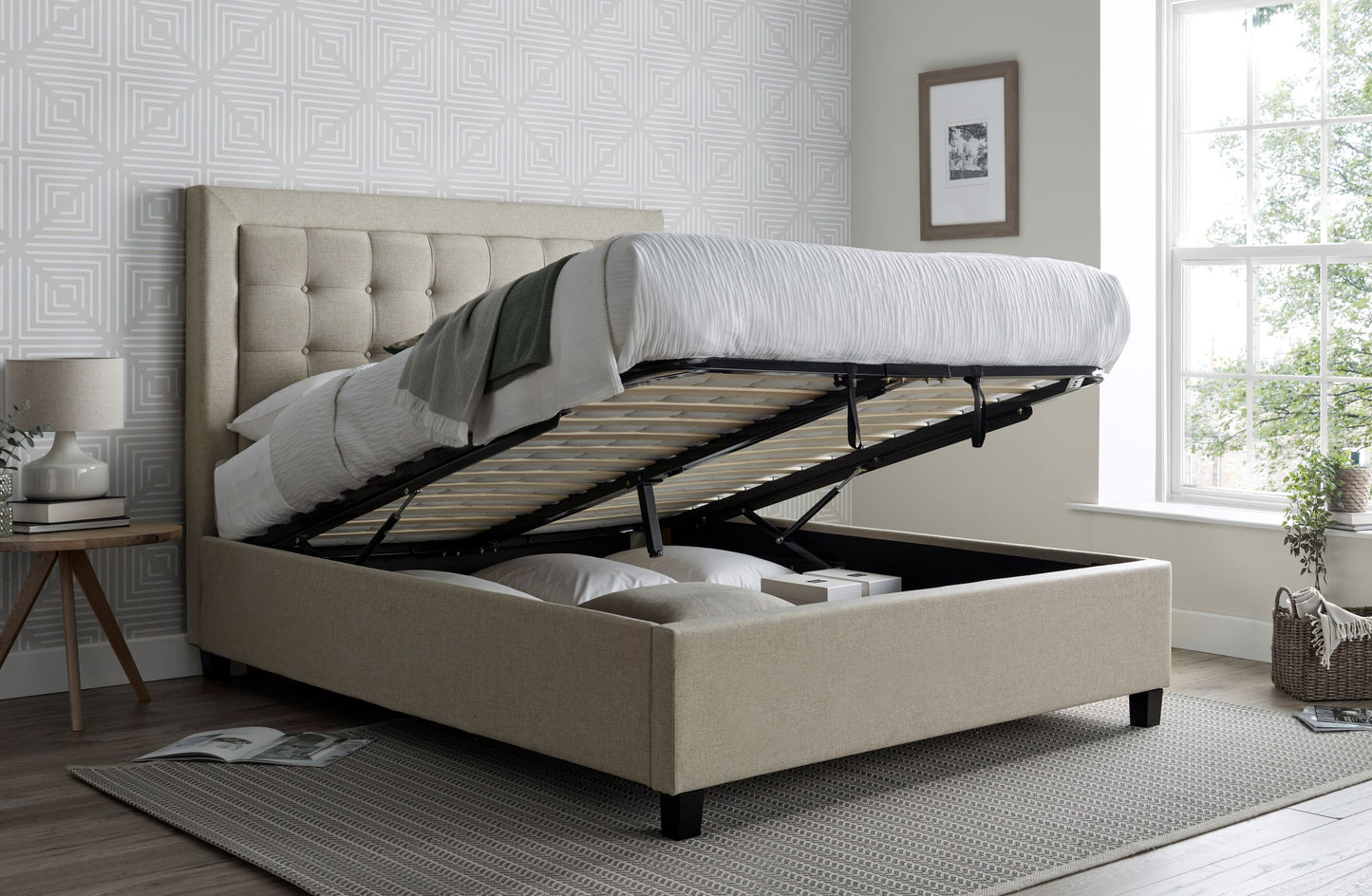 Brandon Fabric Ottoman Bed – Foot-End Storage with Buttoned Headboard in Linen Blend Upholstery