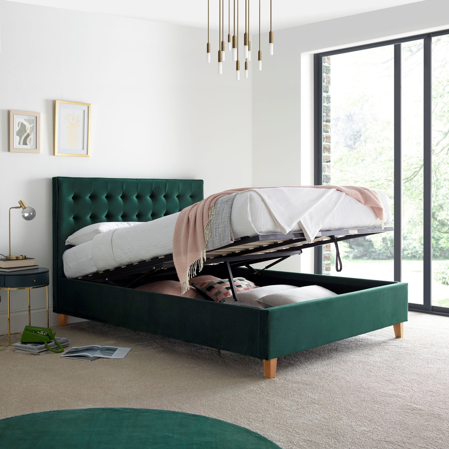 Kingham Velvet Ottoman Bed – Foot-End Storage, Tufted Headboard in Blue, Pink, or Green