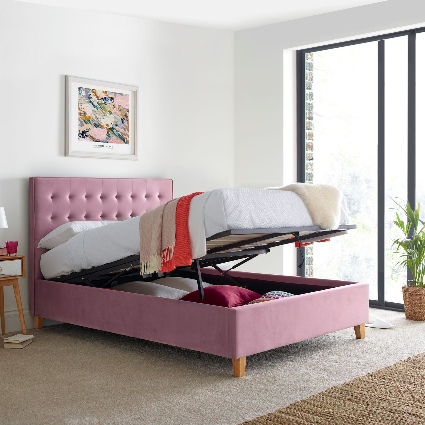 Kingham Velvet Ottoman Bed – Foot-End Storage, Tufted Headboard in Blue, Pink, or Green