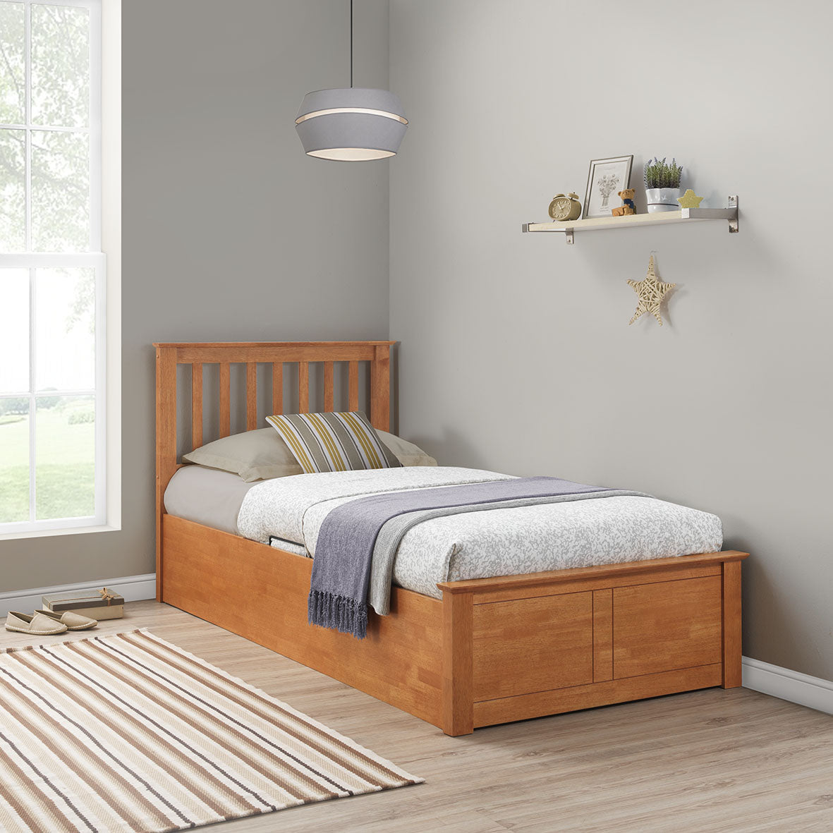 Francis Single Ottoman Bed – White Wooden Frame with Smart Side-Opening Storage (Oak)