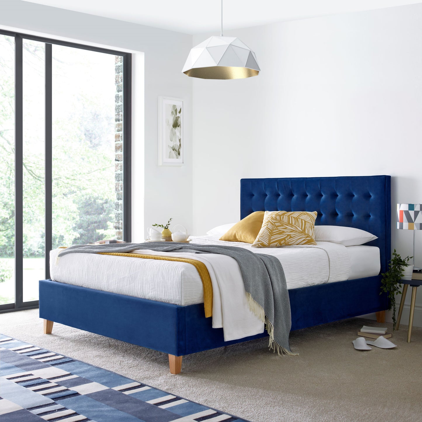 Kingham Velvet Ottoman Bed – Foot-End Storage, Tufted Headboard in Blue, Pink, or Green