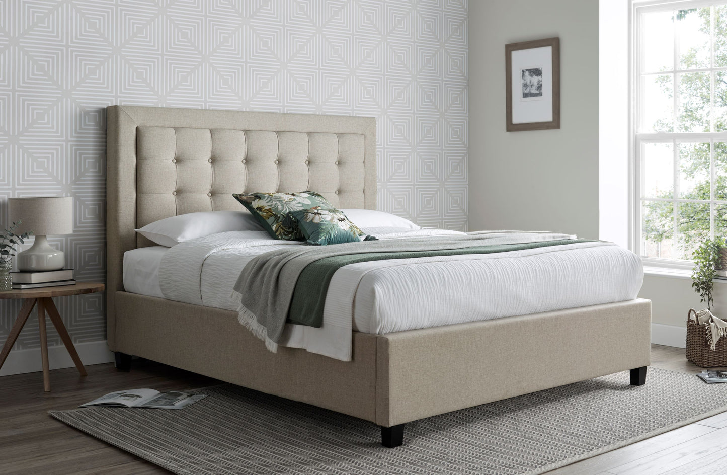 Brandon Fabric Ottoman Bed – Foot-End Storage with Buttoned Headboard in Linen Blend Upholstery