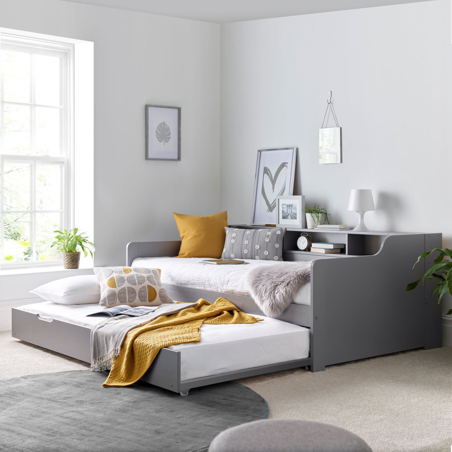 Tyler Guest Bed – White Solid Pine Frame with Shelves and Optional Trundle