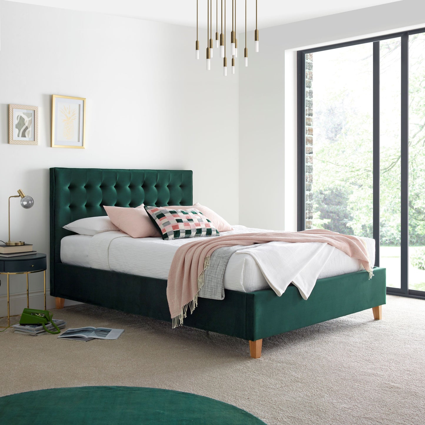 Kingham Velvet Ottoman Bed – Foot-End Storage, Tufted Headboard in Blue, Pink, or Green