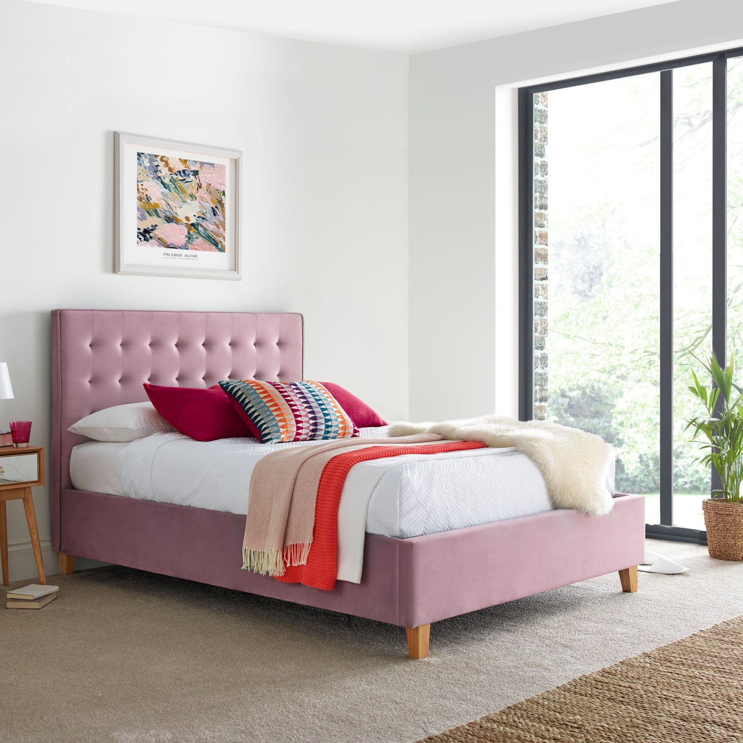 Kingham Velvet Ottoman Bed – Foot-End Storage, Tufted Headboard in Blue, Pink, or Green