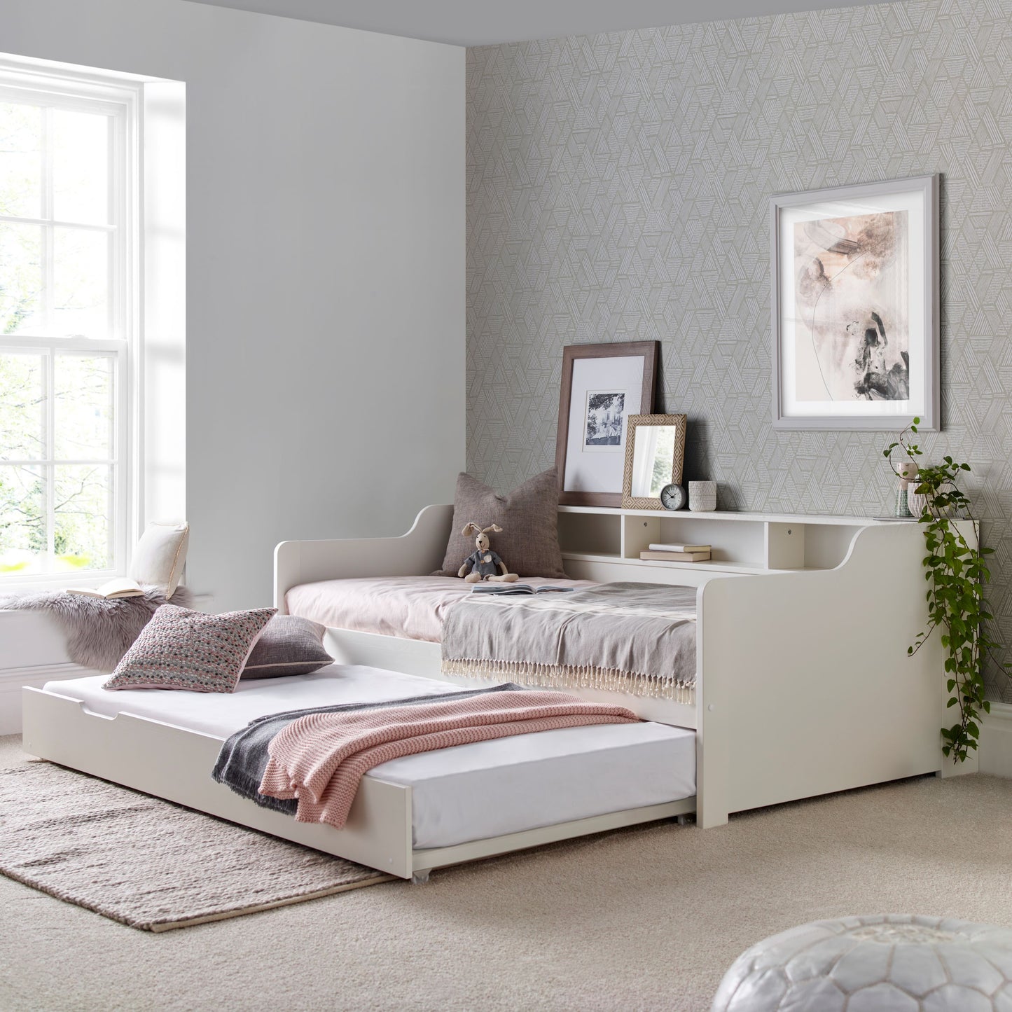 Tyler Guest Bed – White Solid Pine Frame with Shelves and Optional Trundle