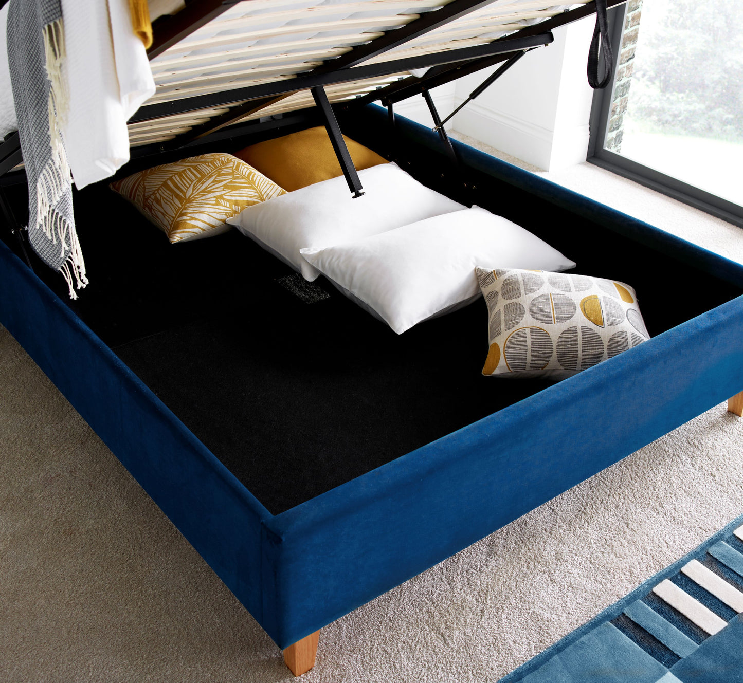 Kingham Velvet Ottoman Bed – Foot-End Storage, Tufted Headboard in Blue, Pink, or Green