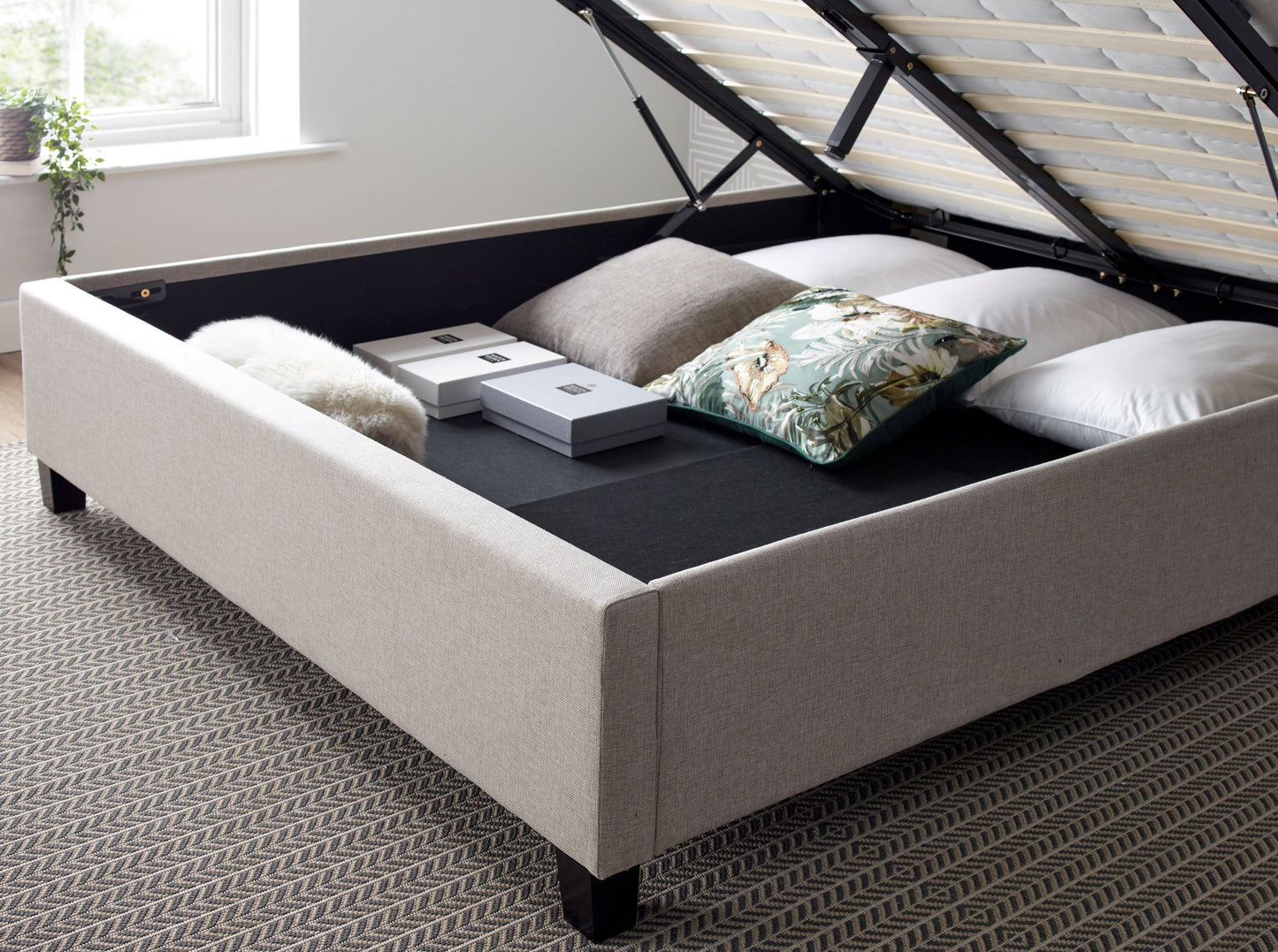 Brandon Fabric Ottoman Bed – Foot-End Storage with Buttoned Headboard in Linen Blend Upholstery