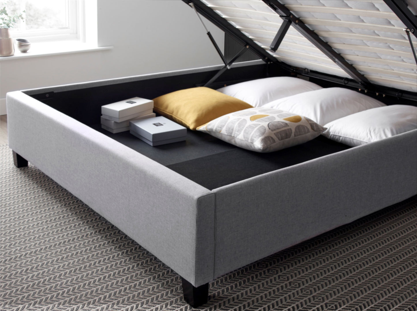 Brandon Fabric Ottoman Bed – Foot-End Storage with Buttoned Headboard in Linen Blend Upholstery