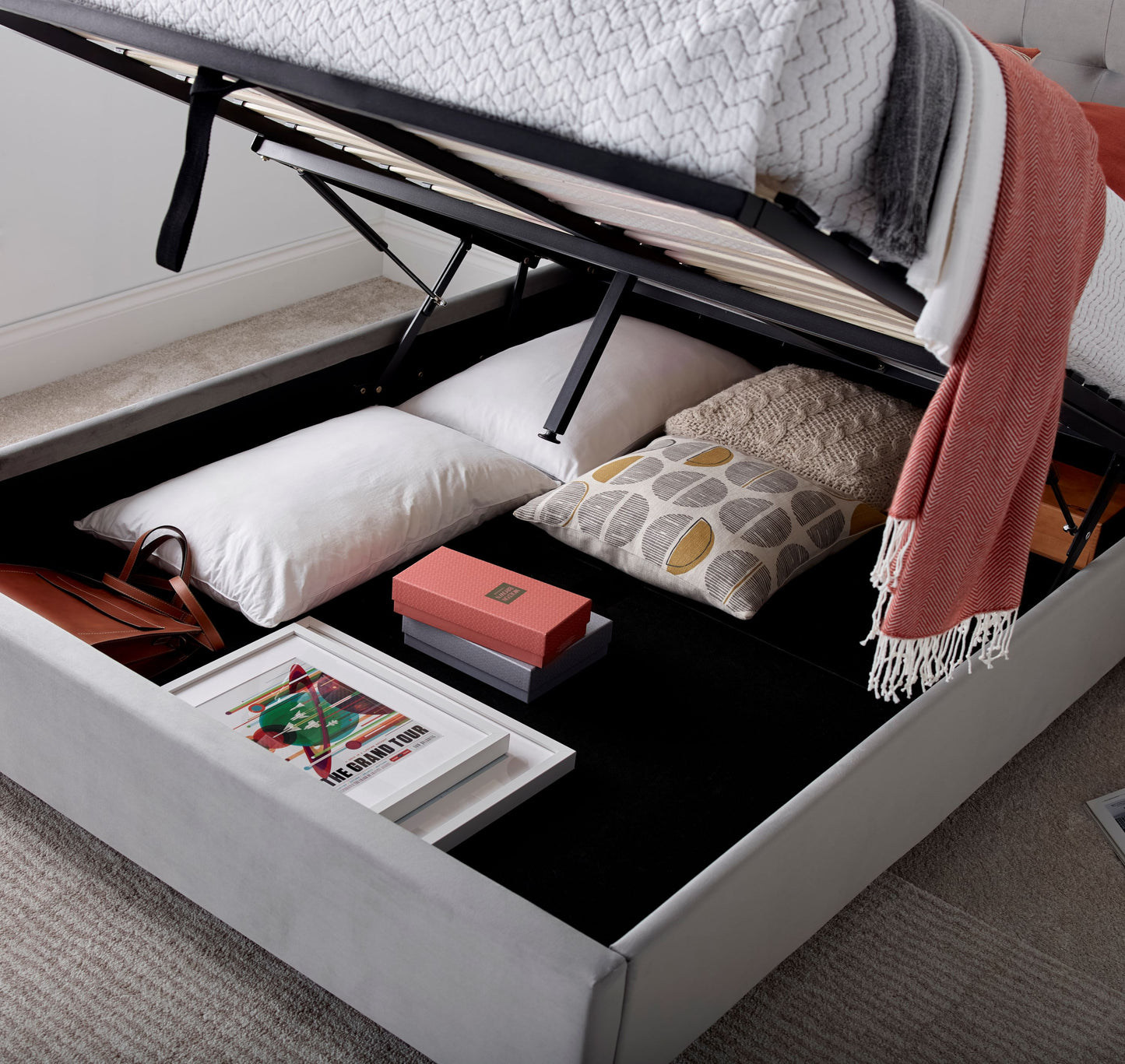 Kingham Velvet Ottoman Bed – Foot-End Storage, Tufted Headboard in Blue, Pink, or Green