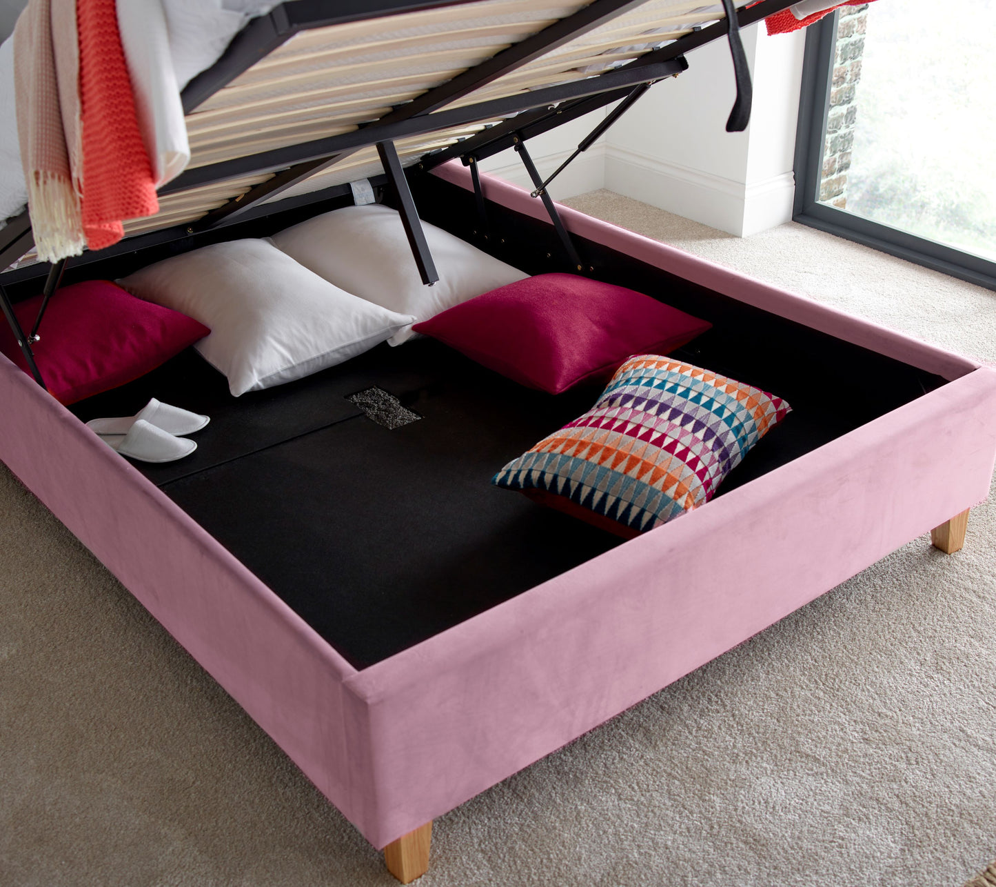 Kingham Velvet Ottoman Bed – Foot-End Storage, Tufted Headboard in Blue, Pink, or Green