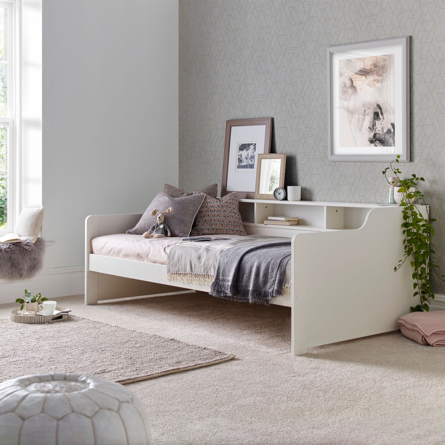 Tyler Guest Bed – White Solid Pine Frame with Shelves and Optional Trundle