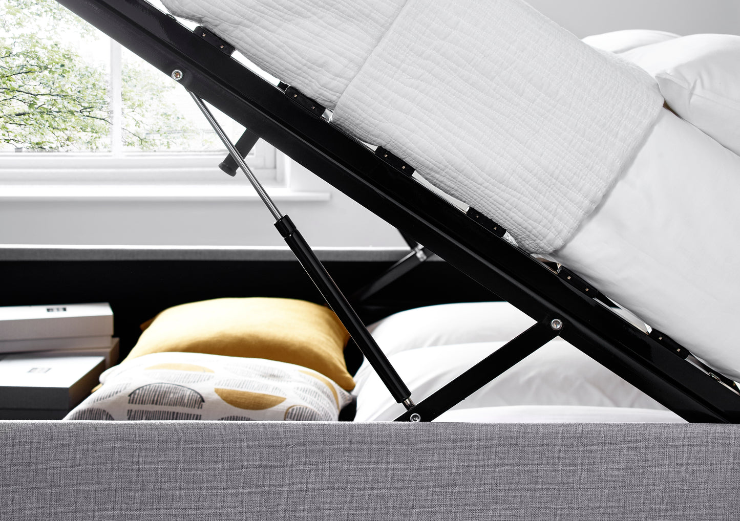 Brandon Fabric Ottoman Bed – Foot-End Storage with Buttoned Headboard in Linen Blend Upholstery
