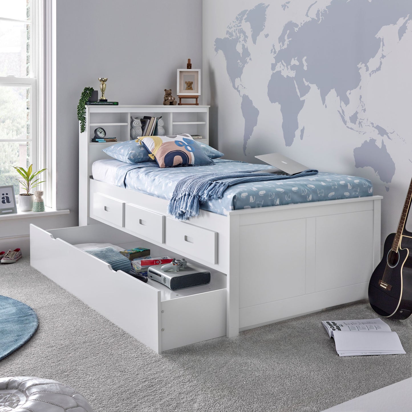 Veera Guest Bed – Single Frame with Trundle, Drawers, Shelved Headboard (white or grey)