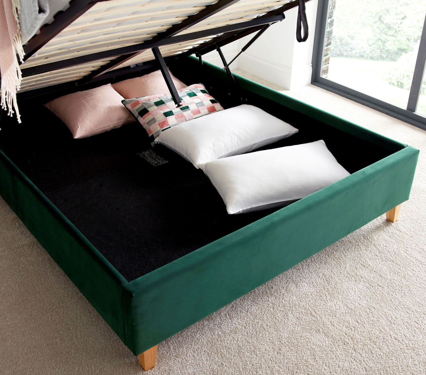 Kingham Velvet Ottoman Bed – Foot-End Storage, Tufted Headboard in Blue, Pink, or Green