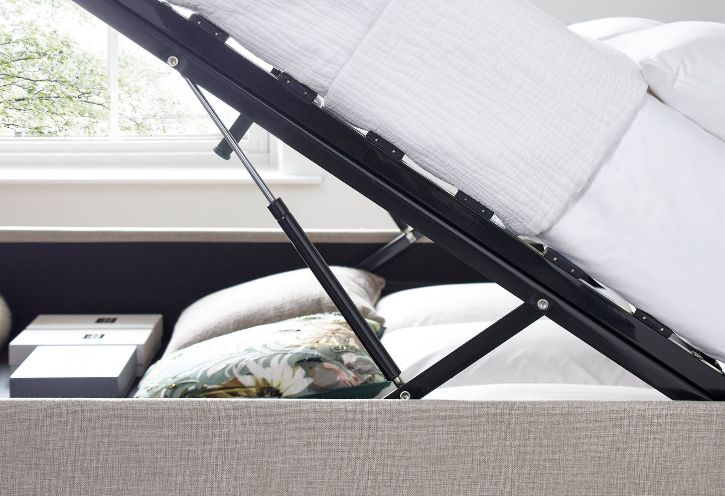 Brandon Fabric Ottoman Bed – Foot-End Storage with Buttoned Headboard in Linen Blend Upholstery