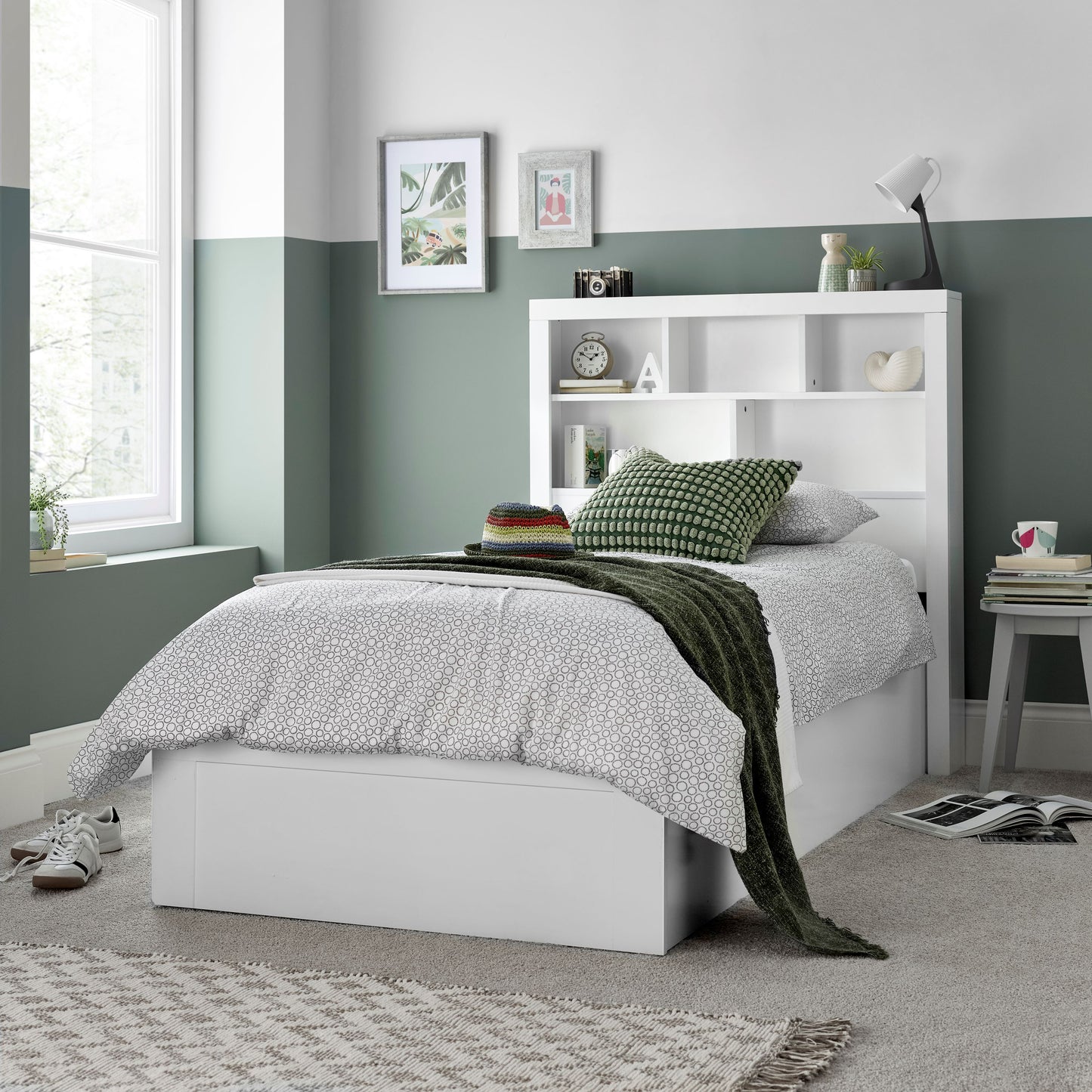 Oscar Single Ottoman Bed with Bookcase Headboard and Side-Opening Storage