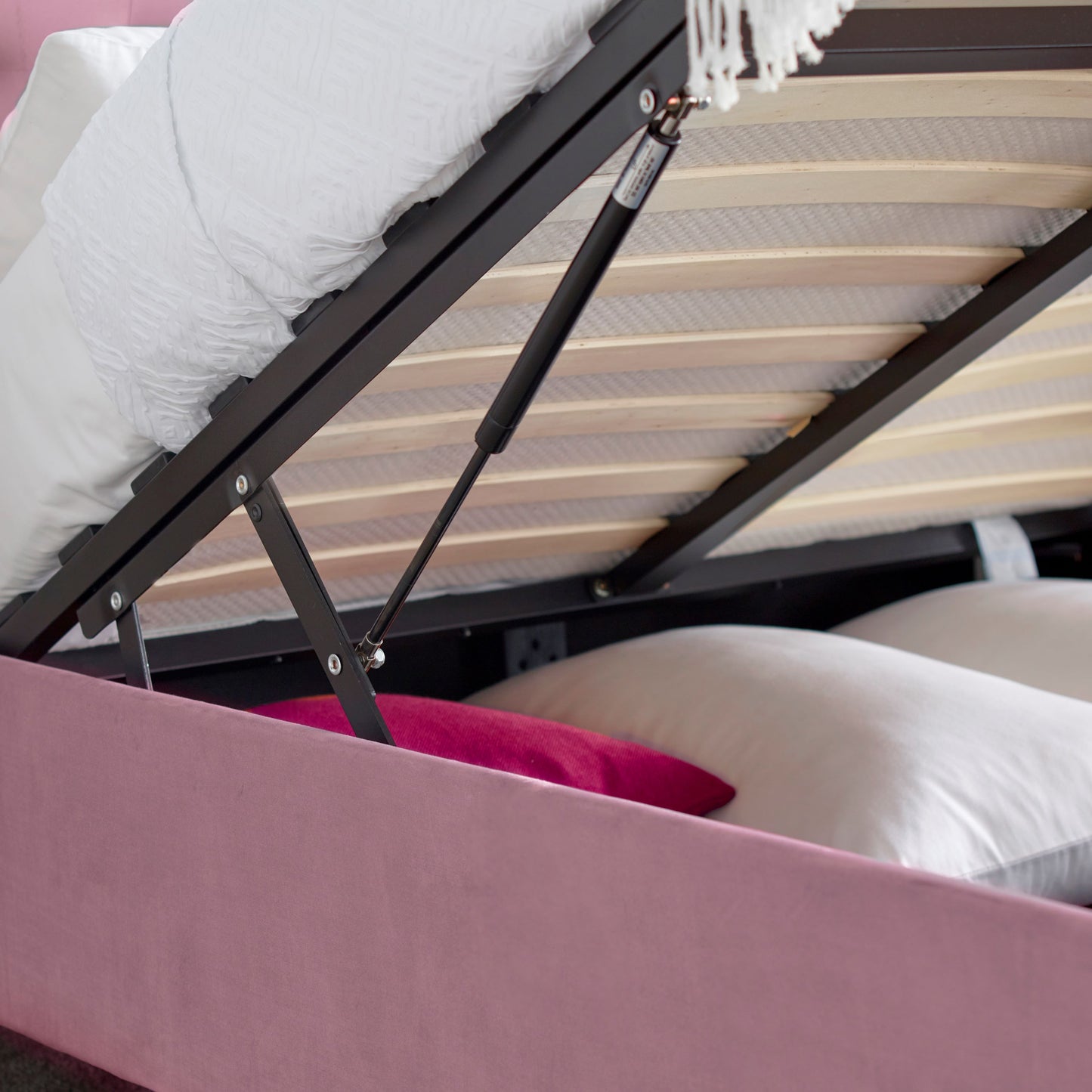 Kingham Velvet Ottoman Bed – Foot-End Storage, Tufted Headboard in Blue, Pink, or Green