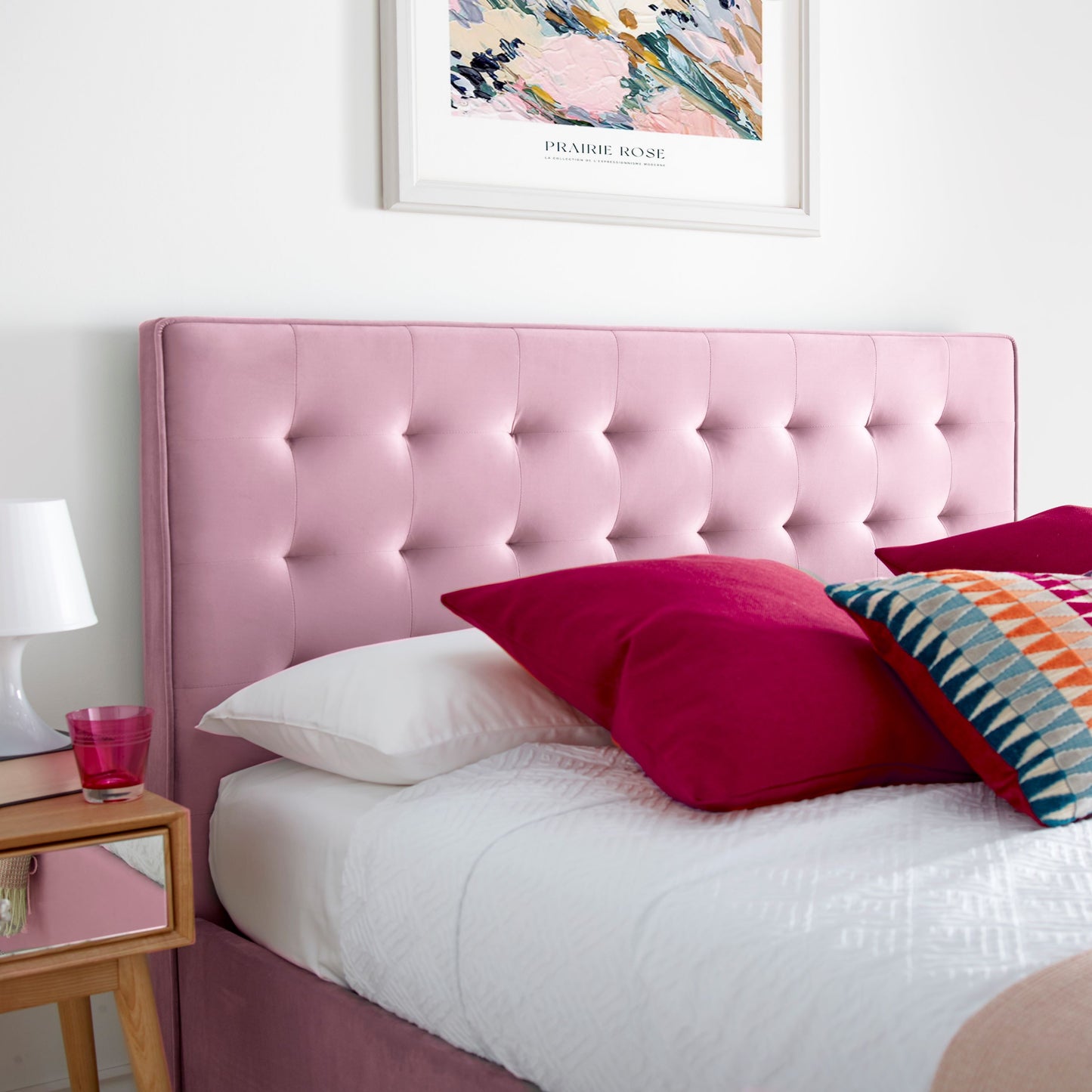 Kingham Velvet Ottoman Bed – Foot-End Storage, Tufted Headboard in Blue, Pink, or Green