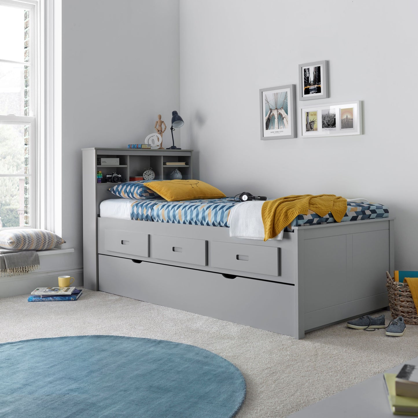 Veera Guest Bed – Single Frame with Trundle, Drawers, Shelved Headboard (white or grey)