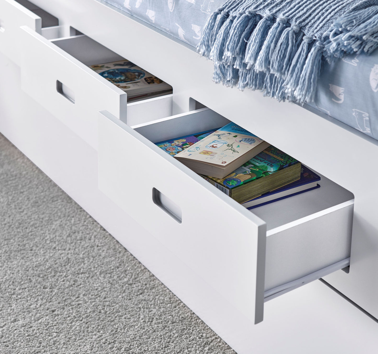 Veera Guest Bed – Single Frame with Trundle, Drawers, Shelved Headboard (white or grey)