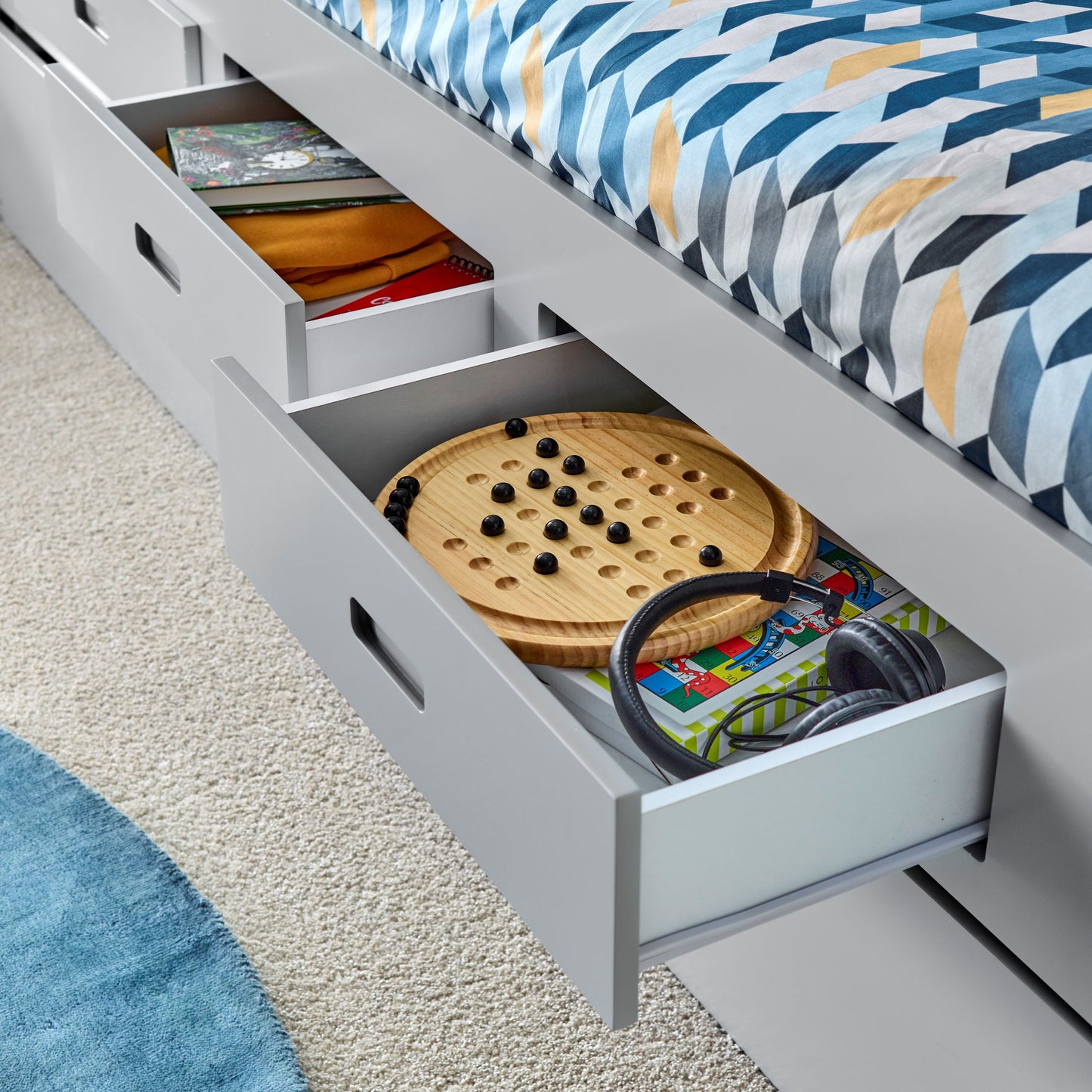 Veera Guest Bed – Single Frame with Trundle, Drawers, Shelved Headboard (white or grey)