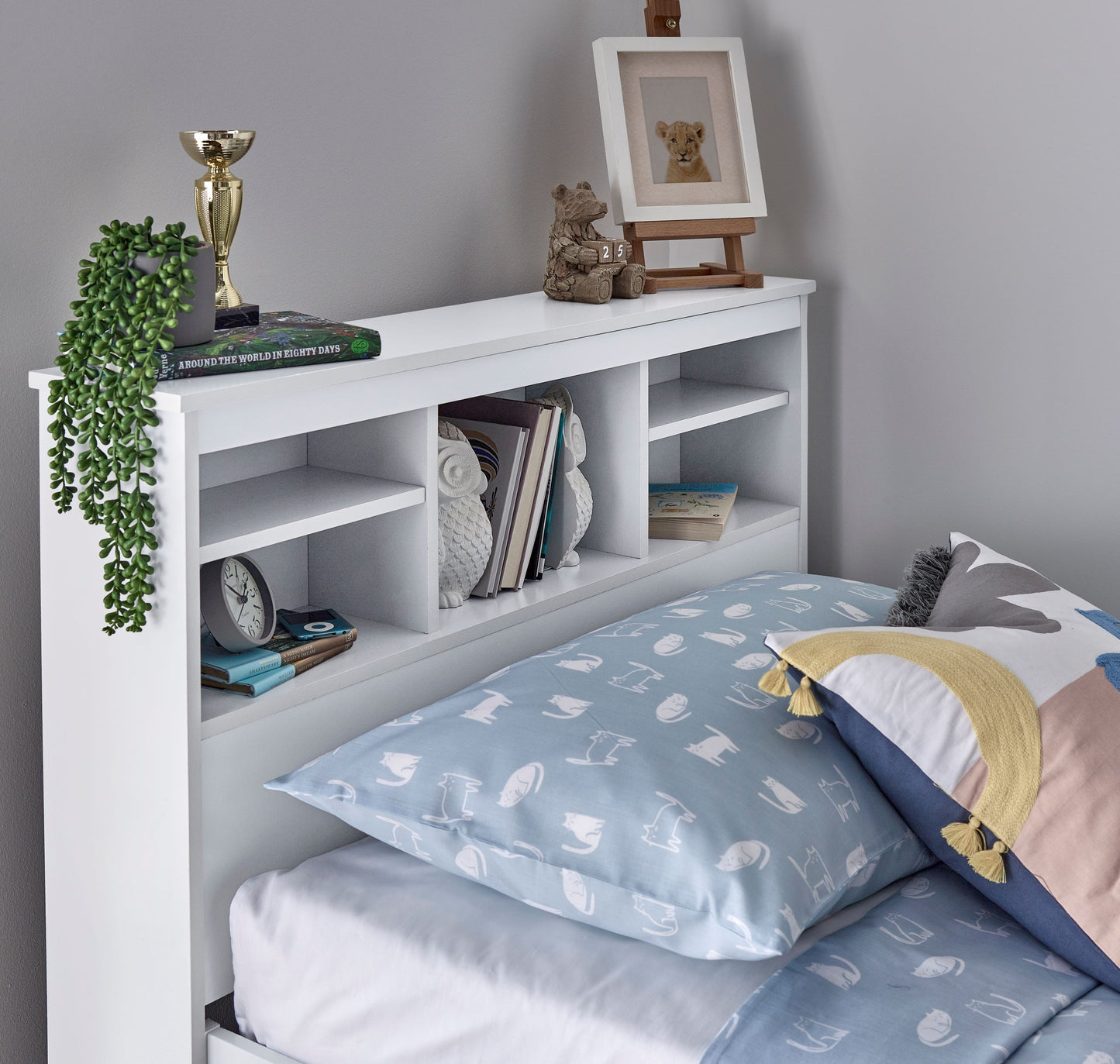 Veera Guest Bed – Single Frame with Trundle, Drawers, Shelved Headboard (white or grey)