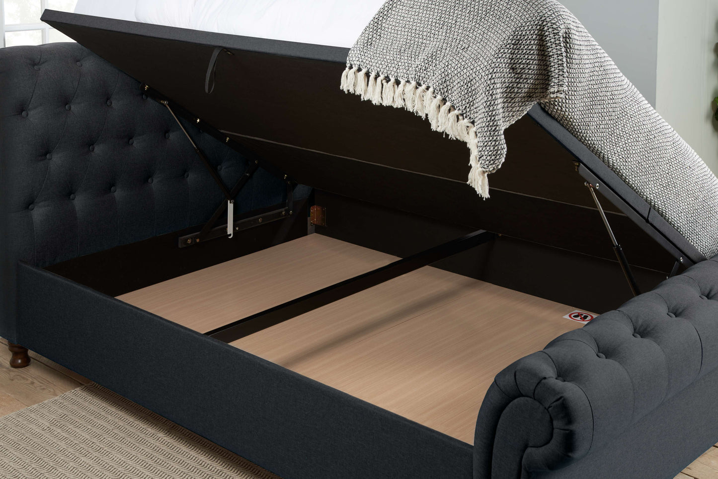 Castello Side Ottoman Bed Frame – Rolled Headboard, Side-Lift Storage, Elegant Upholstery