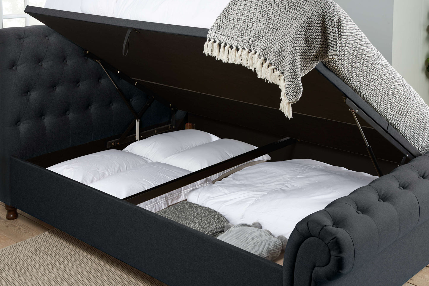 Castello Side Ottoman Bed Frame – Rolled Headboard, Side-Lift Storage, Elegant Upholstery