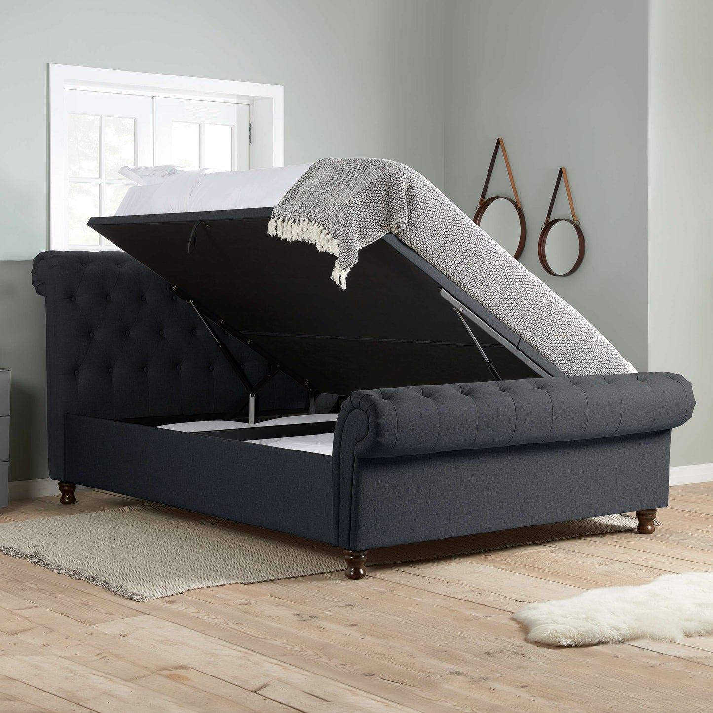 Castello Side Ottoman Bed Frame – Rolled Headboard, Side-Lift Storage, Elegant Upholstery