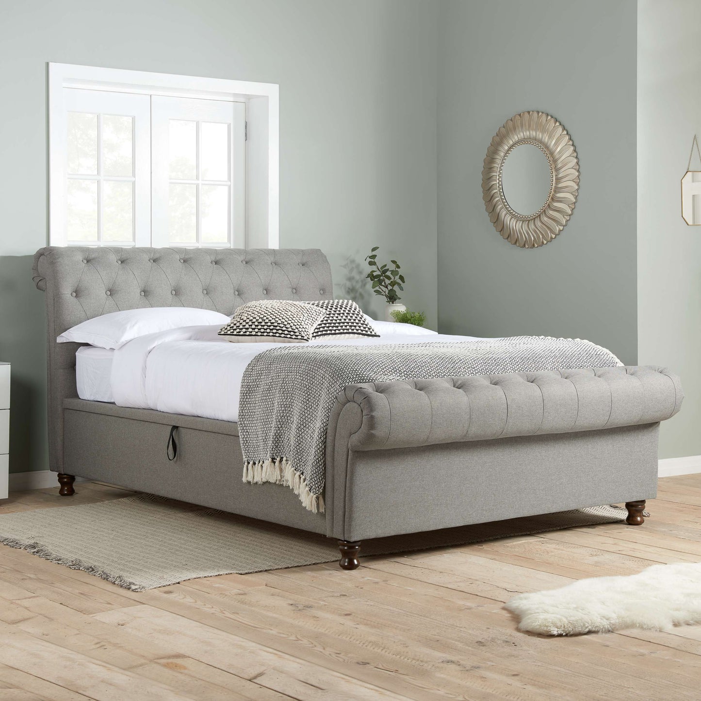 Castello Side Ottoman Bed Frame – Rolled Headboard, Side-Lift Storage, Elegant Upholstery