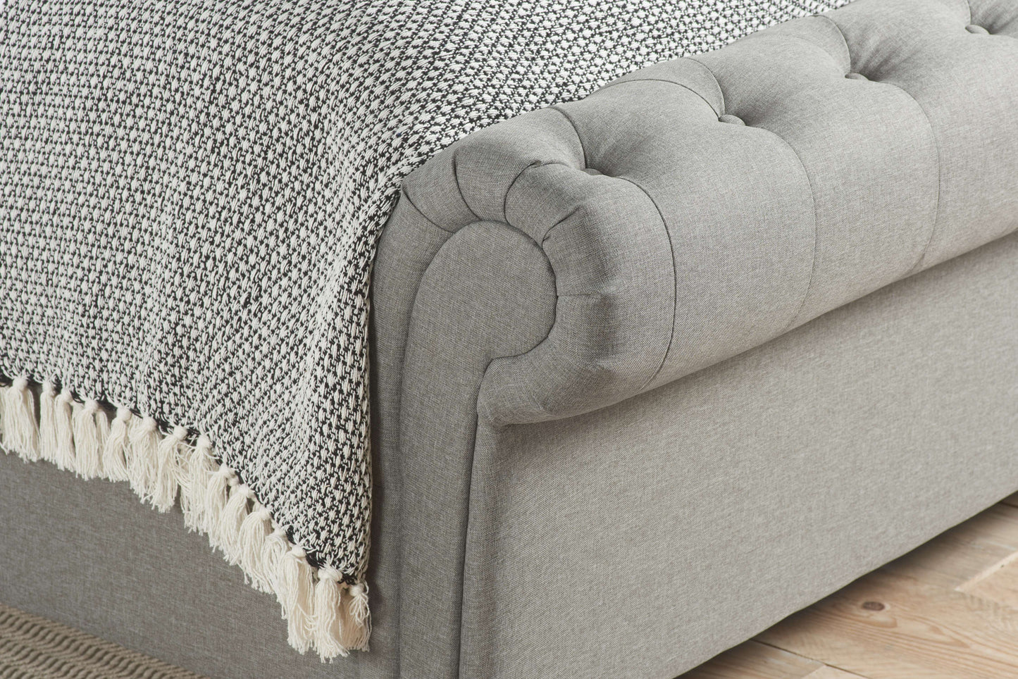 Castello Side Ottoman Bed Frame – Rolled Headboard, Side-Lift Storage, Elegant Upholstery