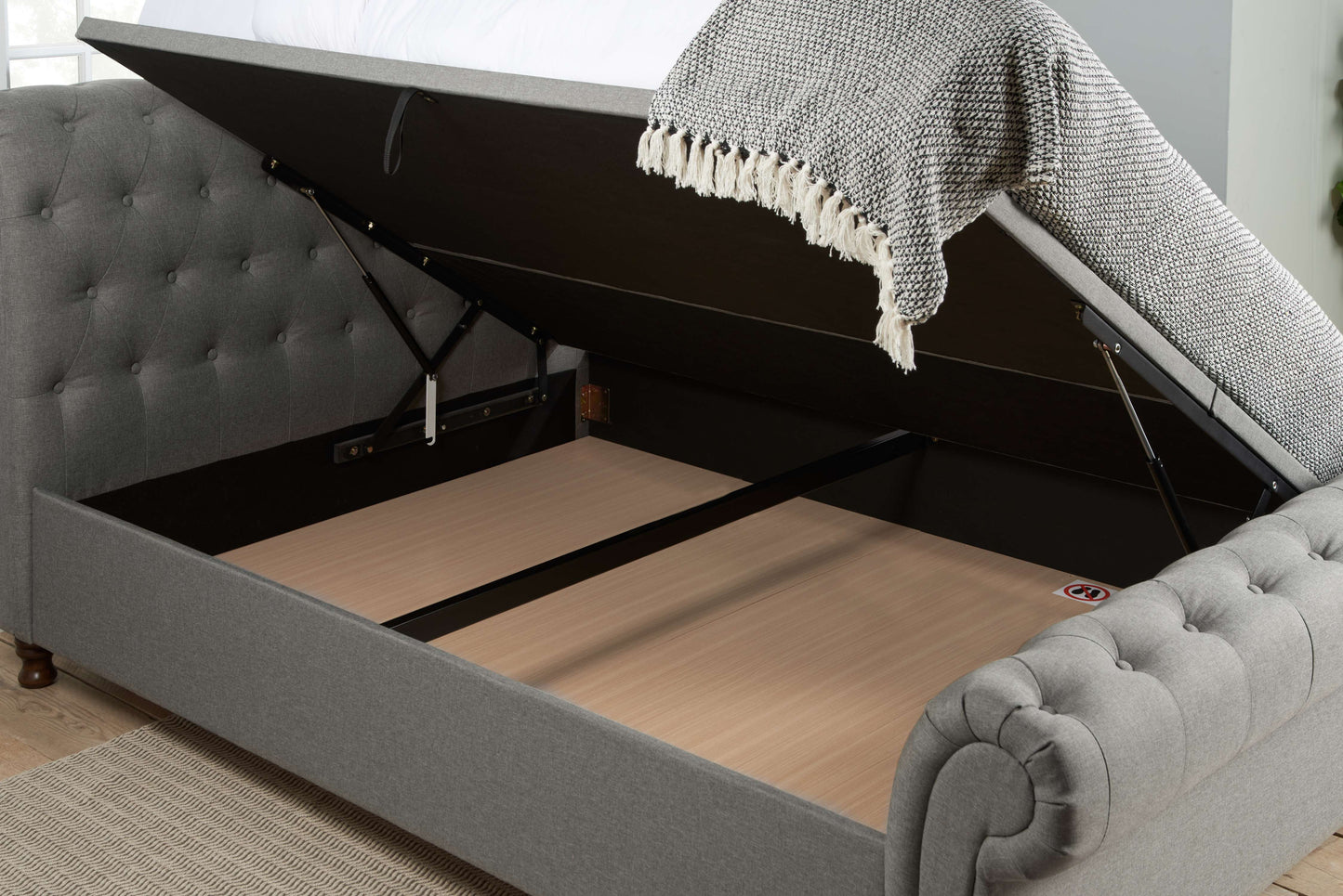 Castello Side Ottoman Bed Frame – Rolled Headboard, Side-Lift Storage, Elegant Upholstery