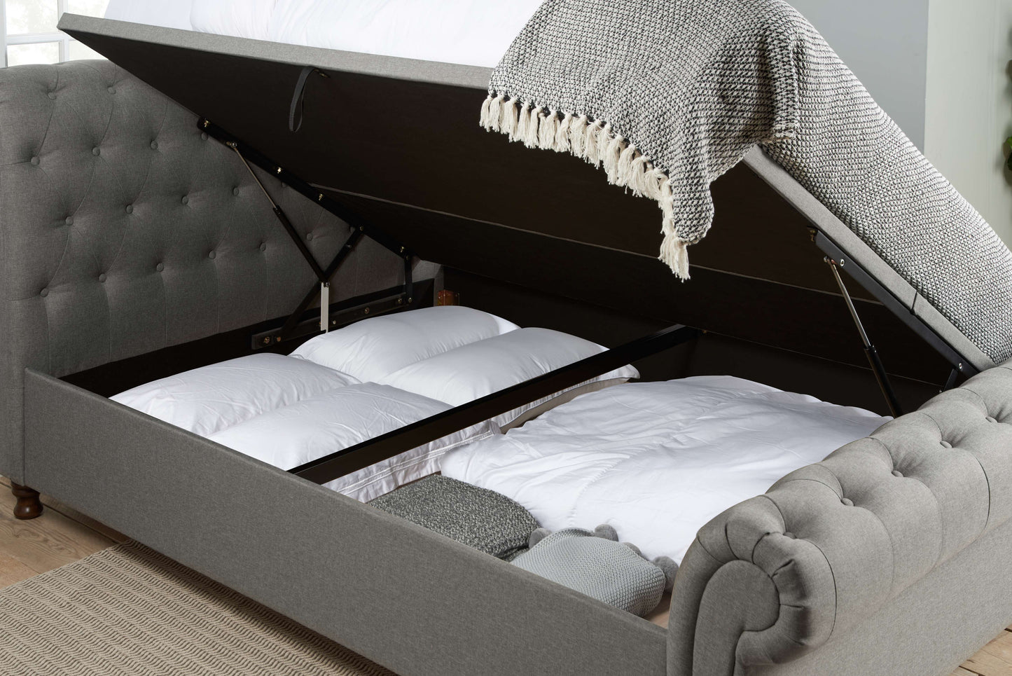 Castello Side Ottoman Bed Frame – Rolled Headboard, Side-Lift Storage, Elegant Upholstery