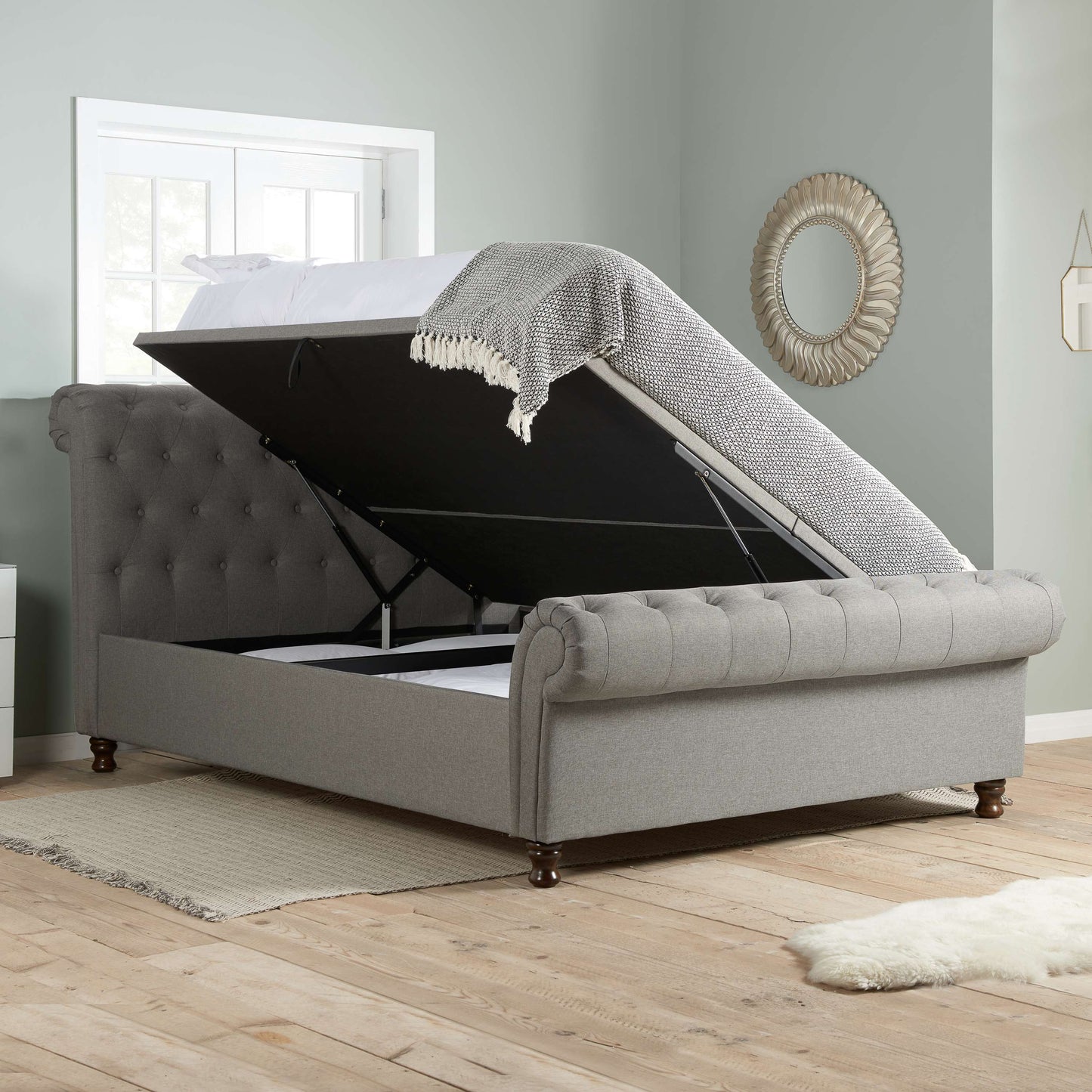 Castello Side Ottoman Bed Frame – Rolled Headboard, Side-Lift Storage, Elegant Upholstery