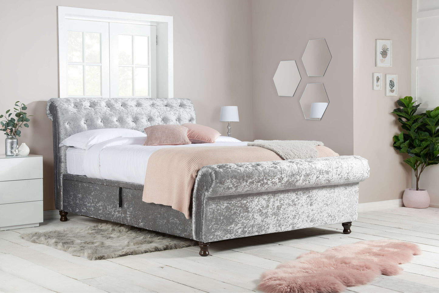 Castello Side Ottoman Bed Frame – Rolled Headboard, Side-Lift Storage, Elegant Upholstery