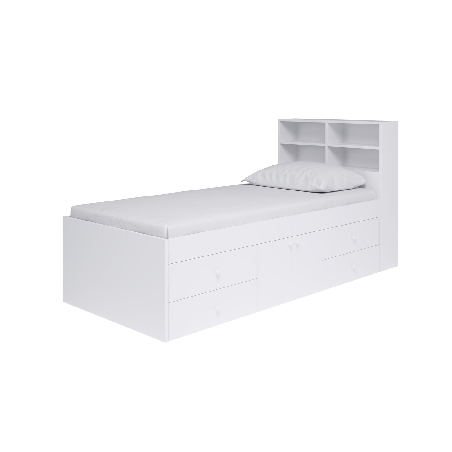 Multi Drawer Single Cabin Kid Bed With Bookcase Headboard (White)