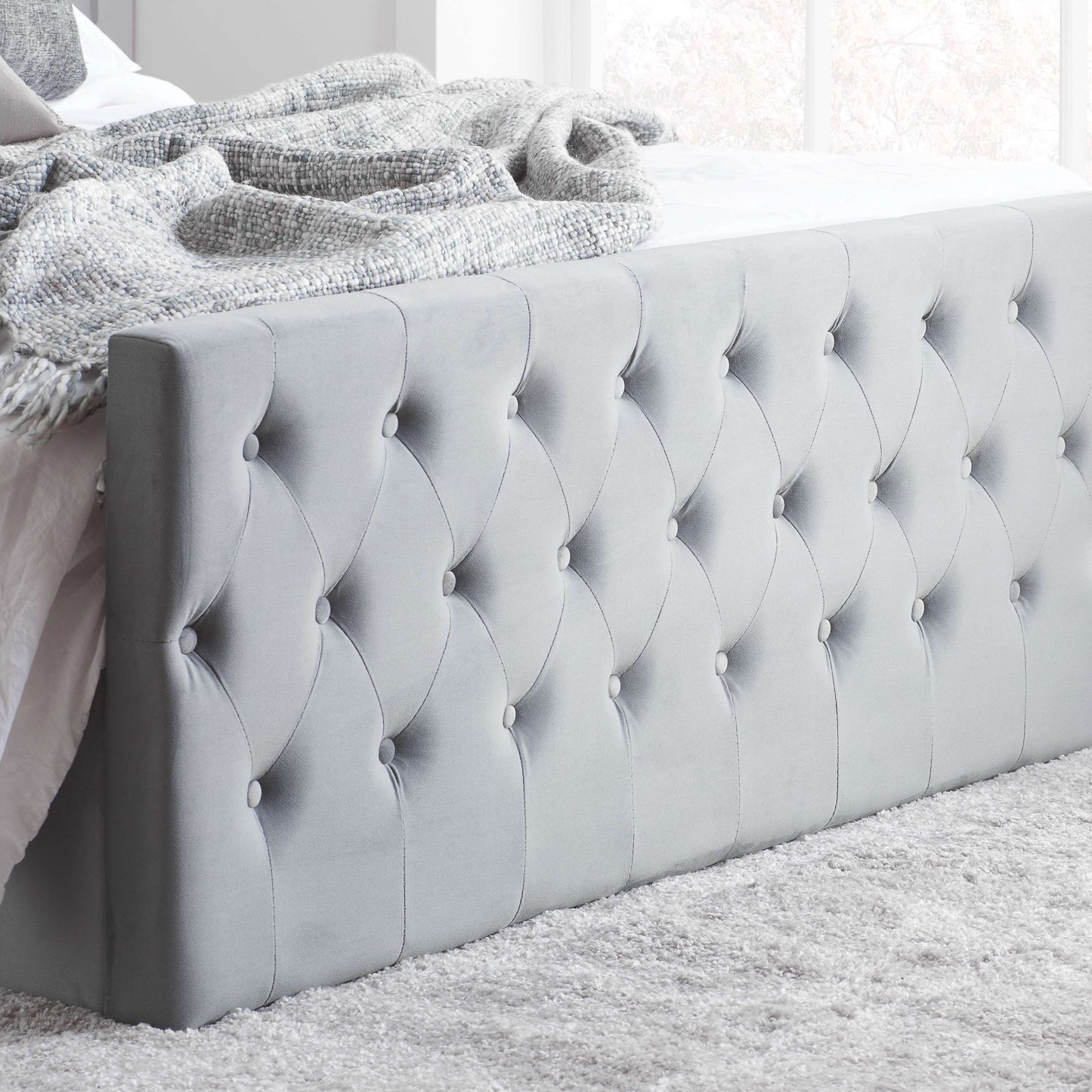 Marquis Grey Velvet Ottoman Bed – Elegant Design with Practical Storage