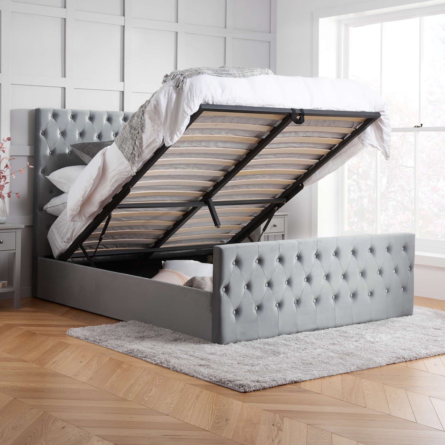 Marquis Grey Velvet Ottoman Bed – Elegant Design with Practical Storage