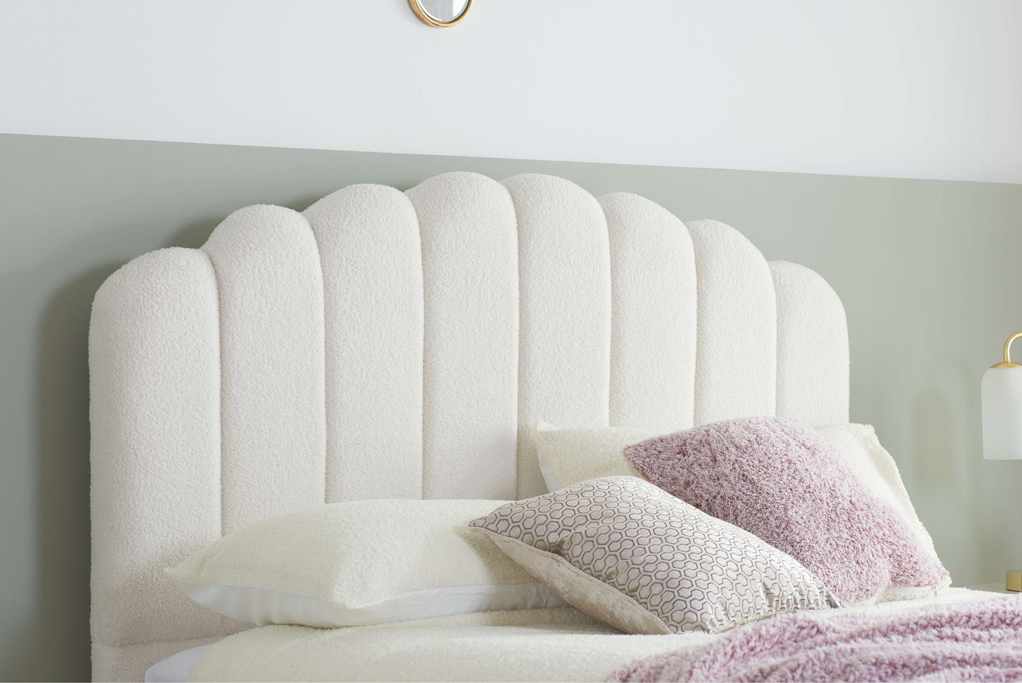 Monaco Ottoman Bed – Teddy Bouclé Upholstery with Fan Headboard and Storage