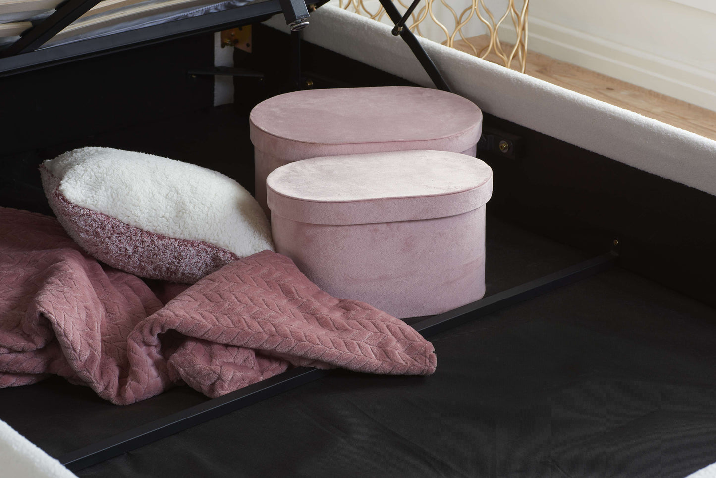 Monaco Ottoman Bed – Teddy Bouclé Upholstery with Fan Headboard and Storage
