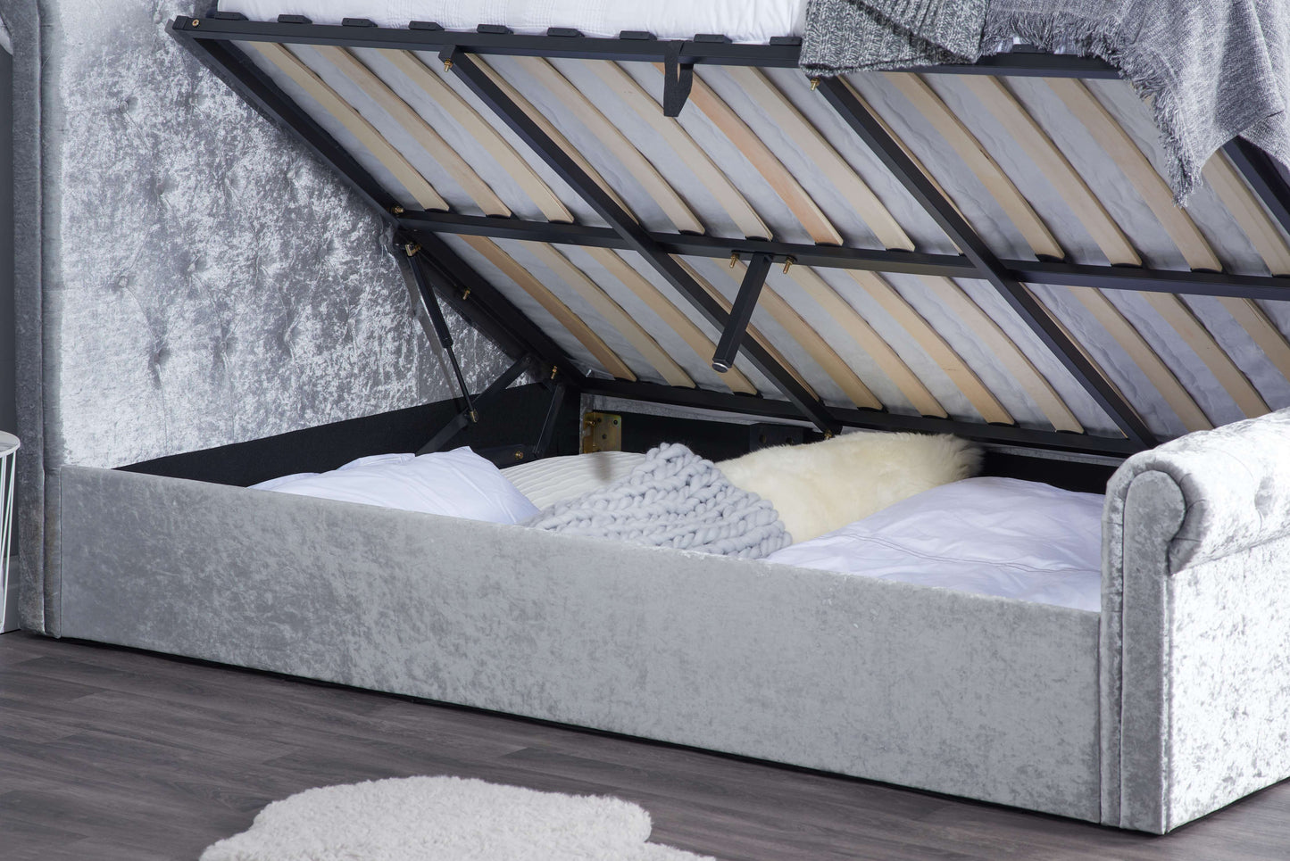 Sienna Side Ottoman Bed – Rolled Headboard with Flexible Side Storage