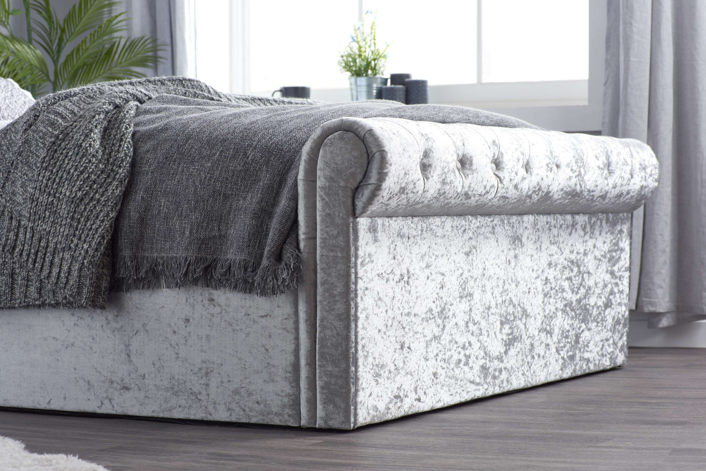 Sienna Side Ottoman Bed – Rolled Headboard with Flexible Side Storage