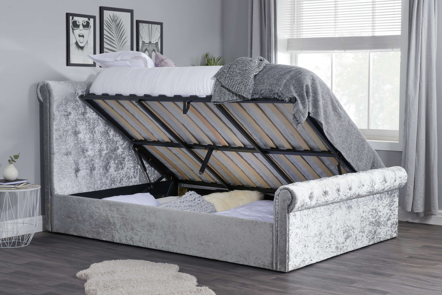 Sienna Side Ottoman Bed – Rolled Headboard with Flexible Side Storage