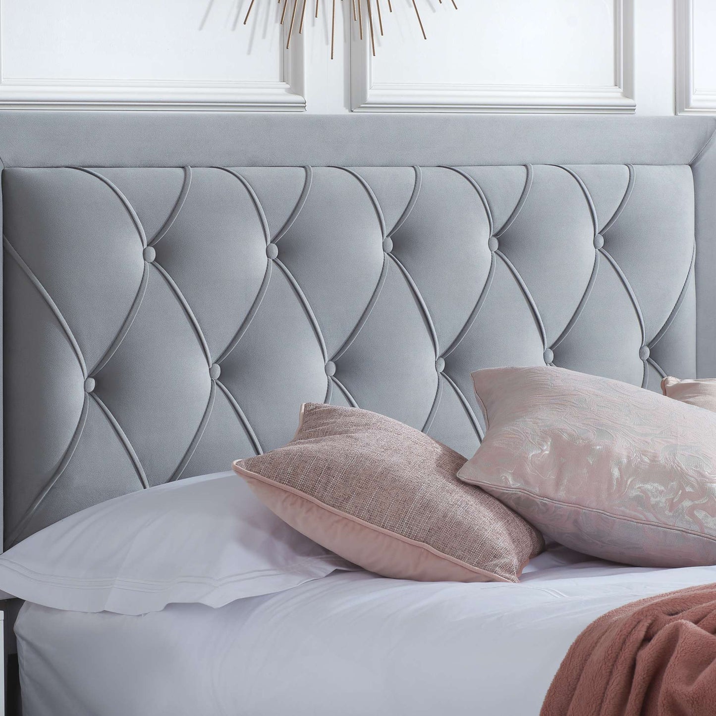 Woodbury Grey Upholstered Bed Frame with Diamond Tufted Headboard and Storage Drawers