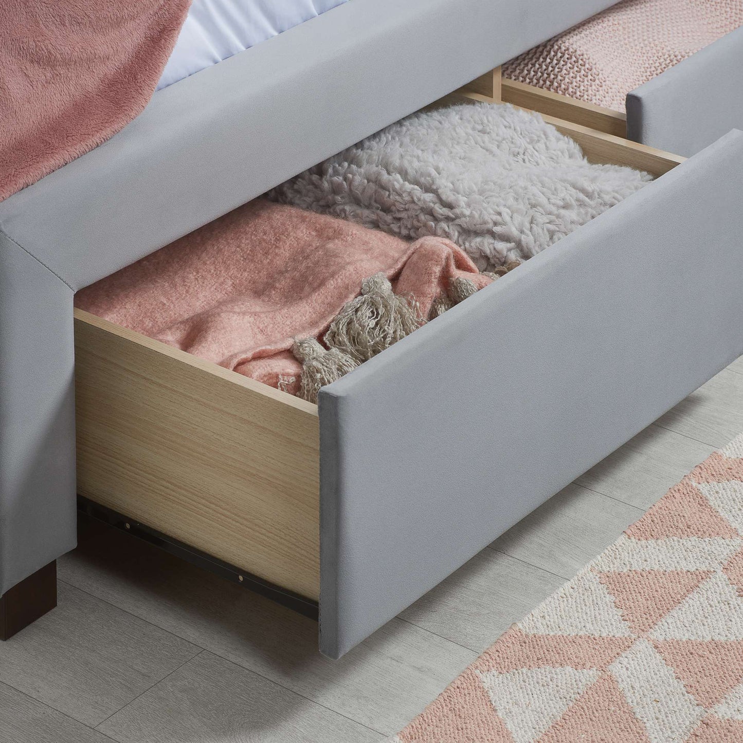 Woodbury Grey Upholstered Bed Frame with Diamond Tufted Headboard and Storage Drawers