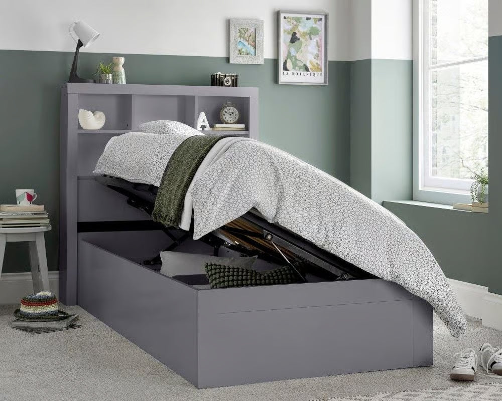 Oscar Single Ottoman Bed with Bookcase Headboard and Side-Opening Storage