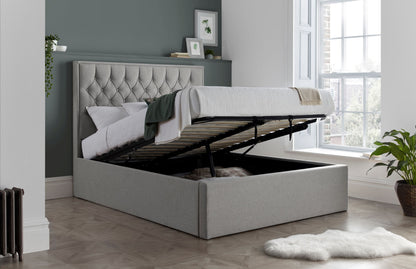 Wilson Fabric Ottoman Bed – Neutral Linen Blend with Buttoned Headboard, Deep Foot-End Storage