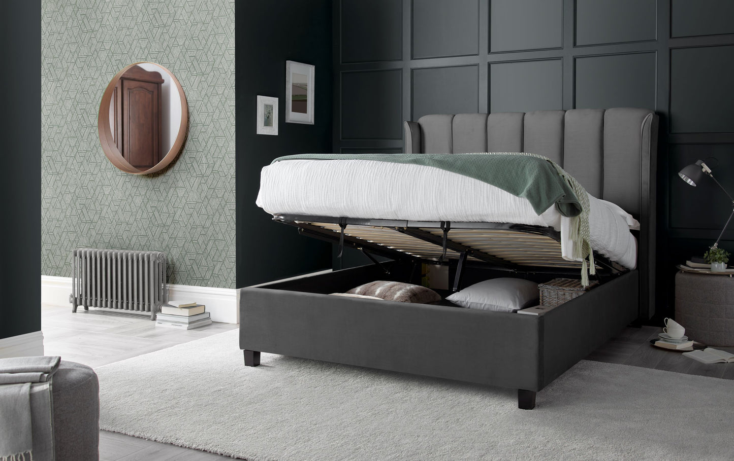 Aurora Velvet Ottoman Bed – Art Deco Winged Headboard with Foot-End Storage