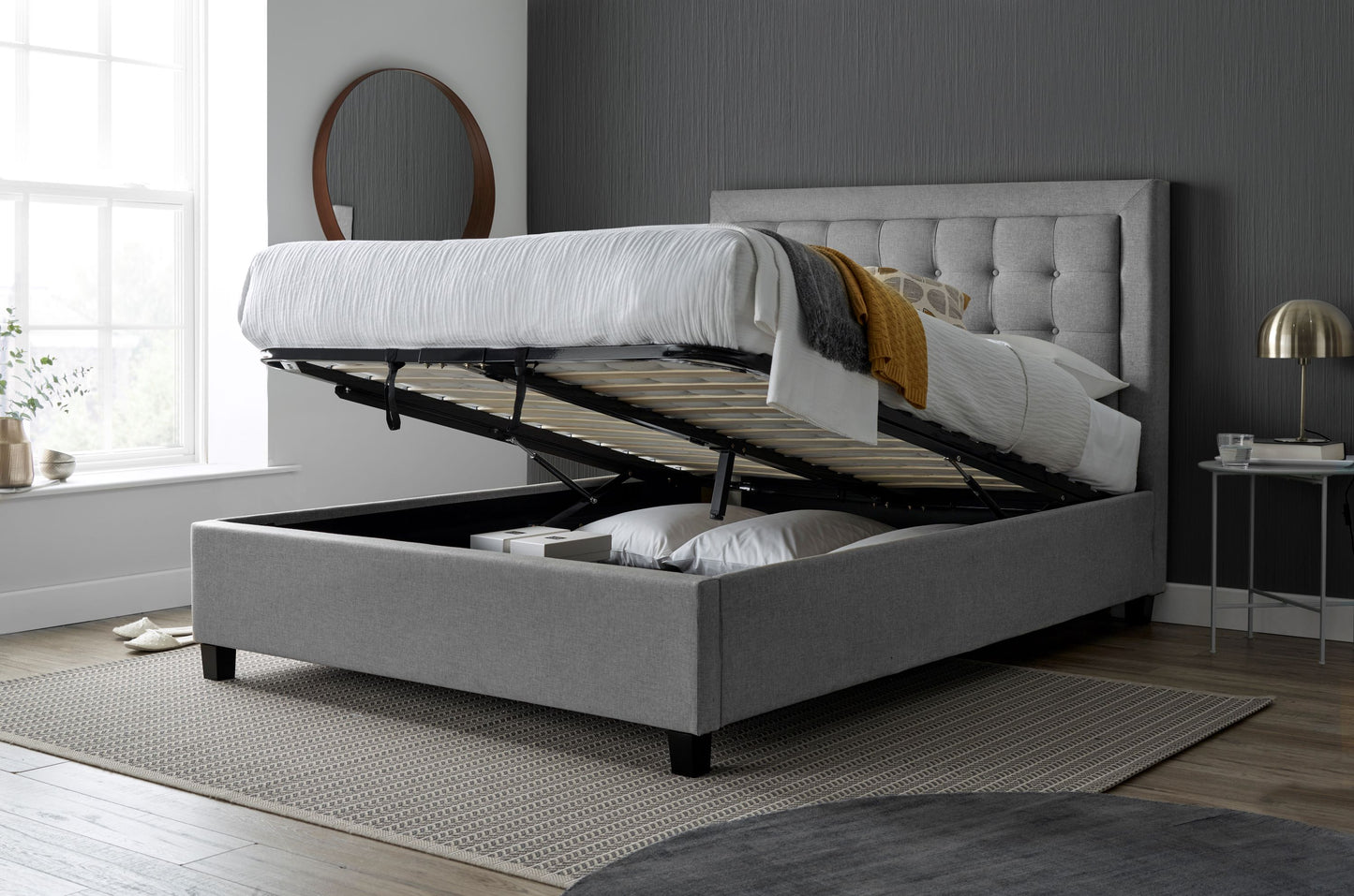 Brandon Fabric Ottoman Bed – Foot-End Storage with Buttoned Headboard in Linen Blend Upholstery